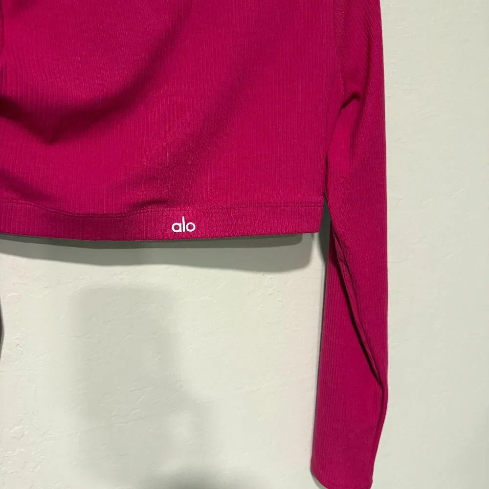 Alo Ribbed Defined Long Sleeve Bra Magenta Crush Size M - Picture 3 of 5